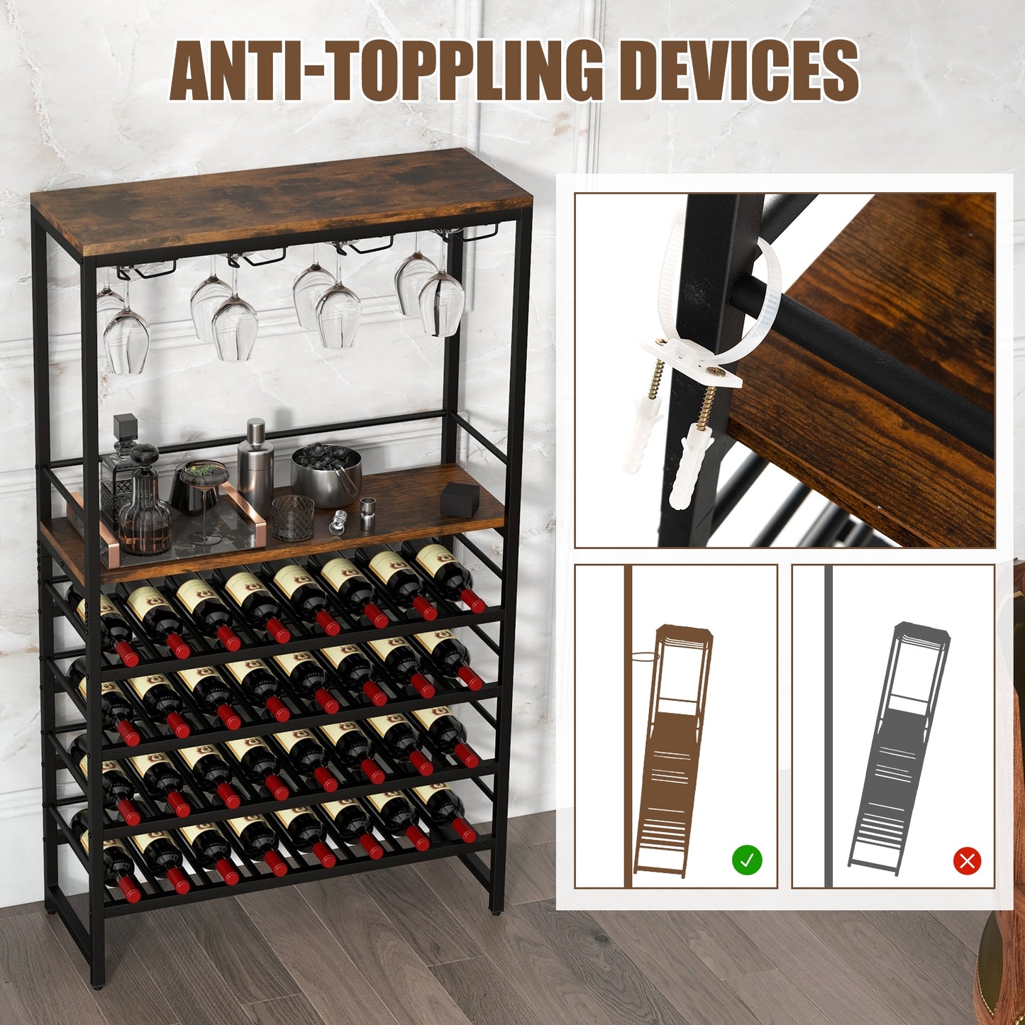 Freestanding Wine Bakers Rack, 4-Tier Storage, 4 Stemware Rows, Brown Wine Racks at Gallery Canada