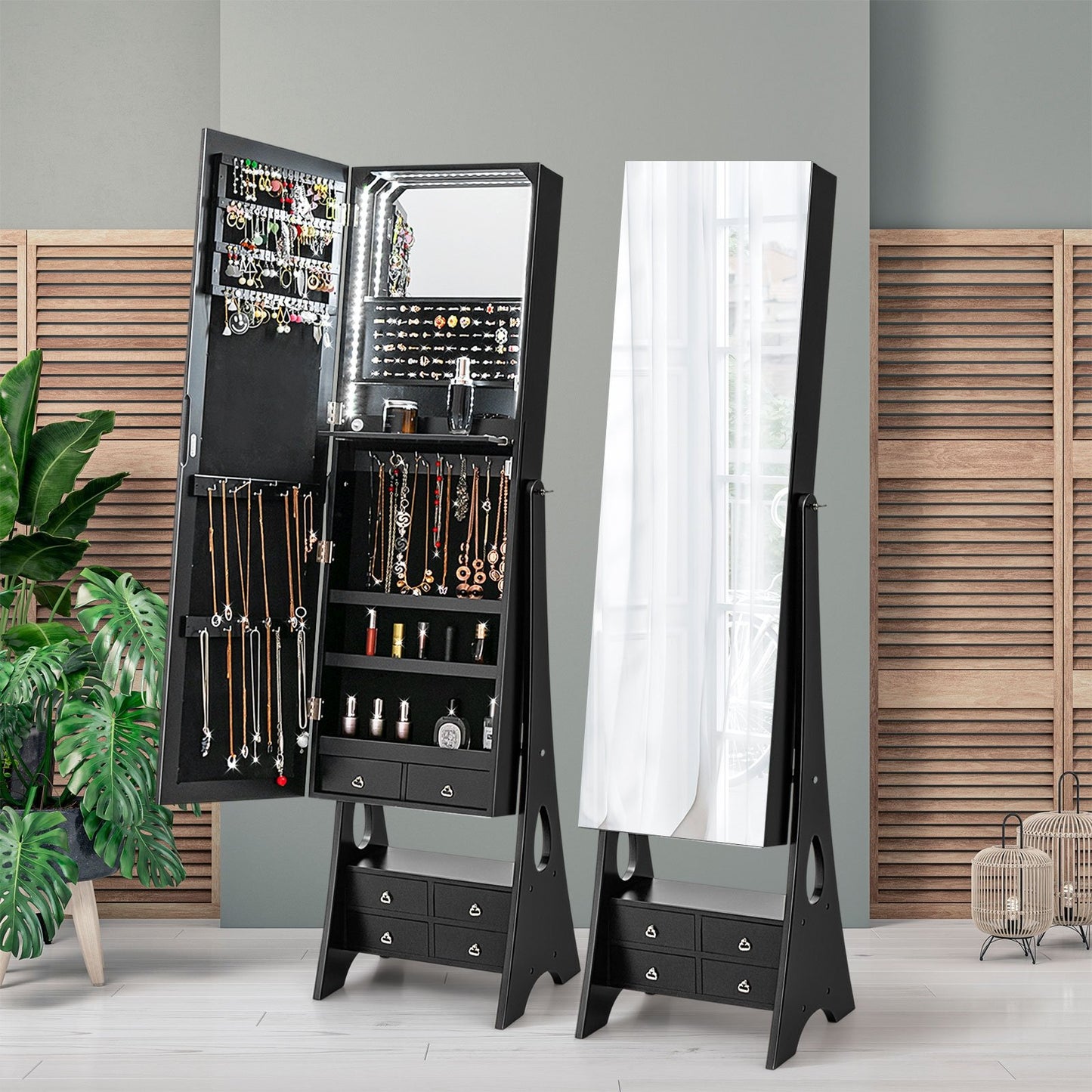 Freestanding Full Length LED Mirrored Jewelry Armoire with 6 Drawers, Black