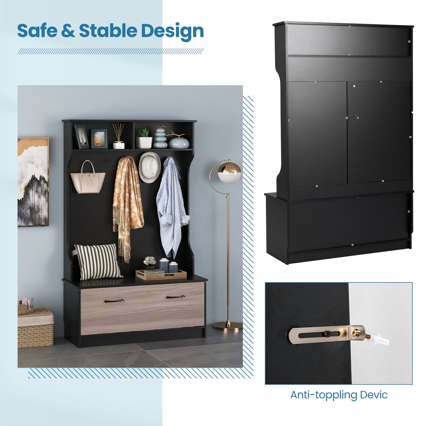 3 In 1 Coat Rack, Entryway Bench With Hooks, Enclosed Cabinet, Black Coat Racks & Hall Trees at Gallery Canada