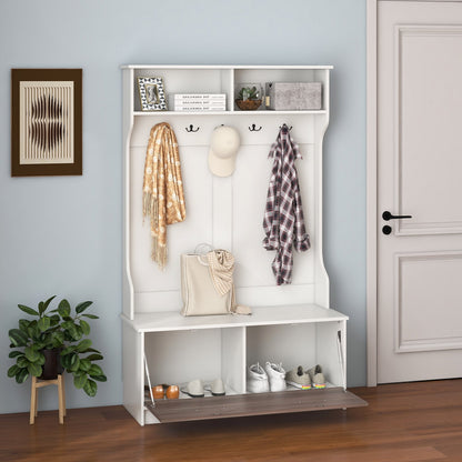 3 in 1 Coat Rack with Entryway Bench and Hooks and Enclosed Cabinet, White