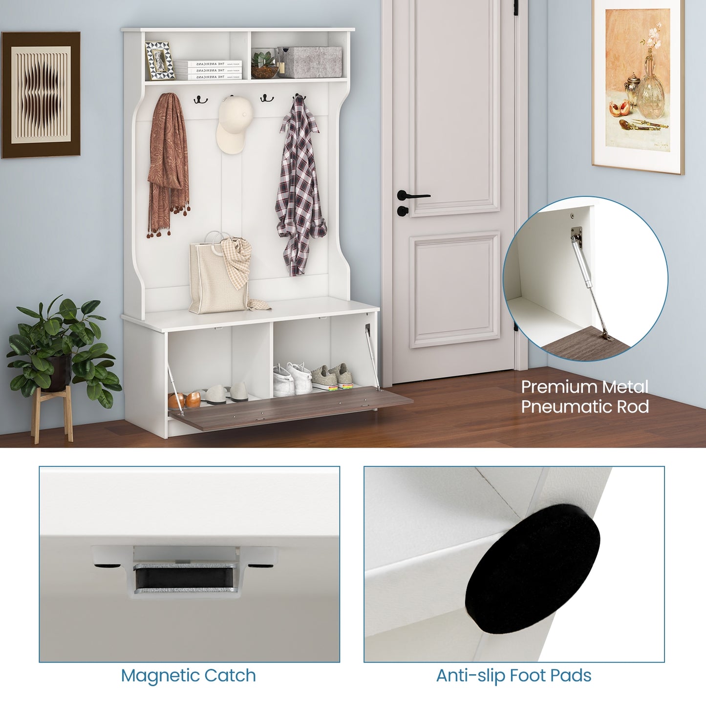 3 in 1 Coat Rack with Entryway Bench and Hooks and Enclosed Cabinet, White Coat Racks & Hall Trees at Gallery Canada