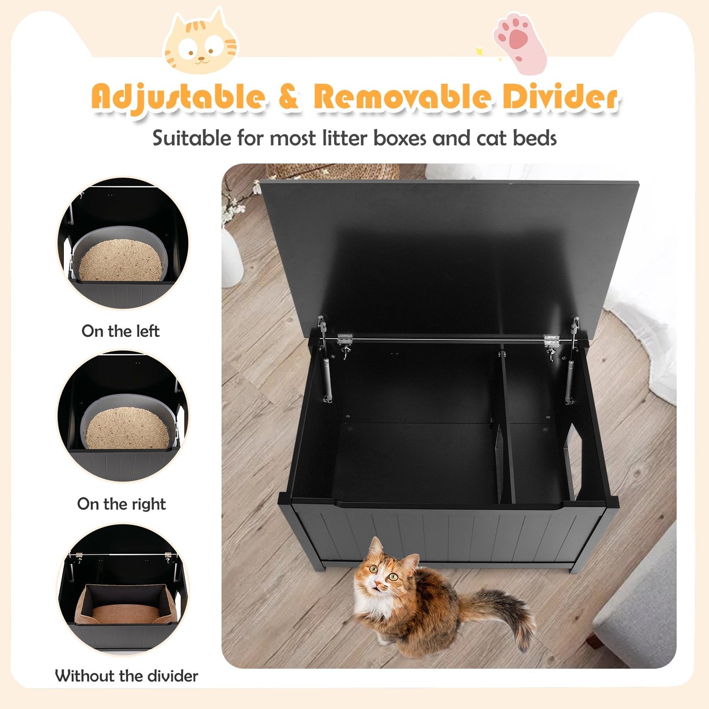 Wooden Cat Litter Box Enclosure with Top Opening Side Table, Black