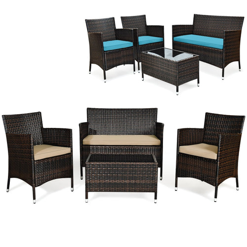 4 Pieces Comfortable Outdoor Rattan Sofa Set with Glass Coffee Table, Beige & Turquoise