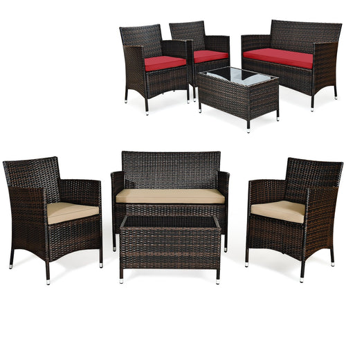 4 Pieces Comfortable Outdoor Rattan Sofa Set with Glass Coffee Table, Beige & Red