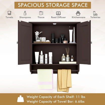 Wall Mounted Bathroom Storage Medicine Cabinet with Towel Bar, Brown