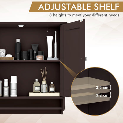 Wall Mounted Bathroom Storage Medicine Cabinet with Towel Bar, Brown