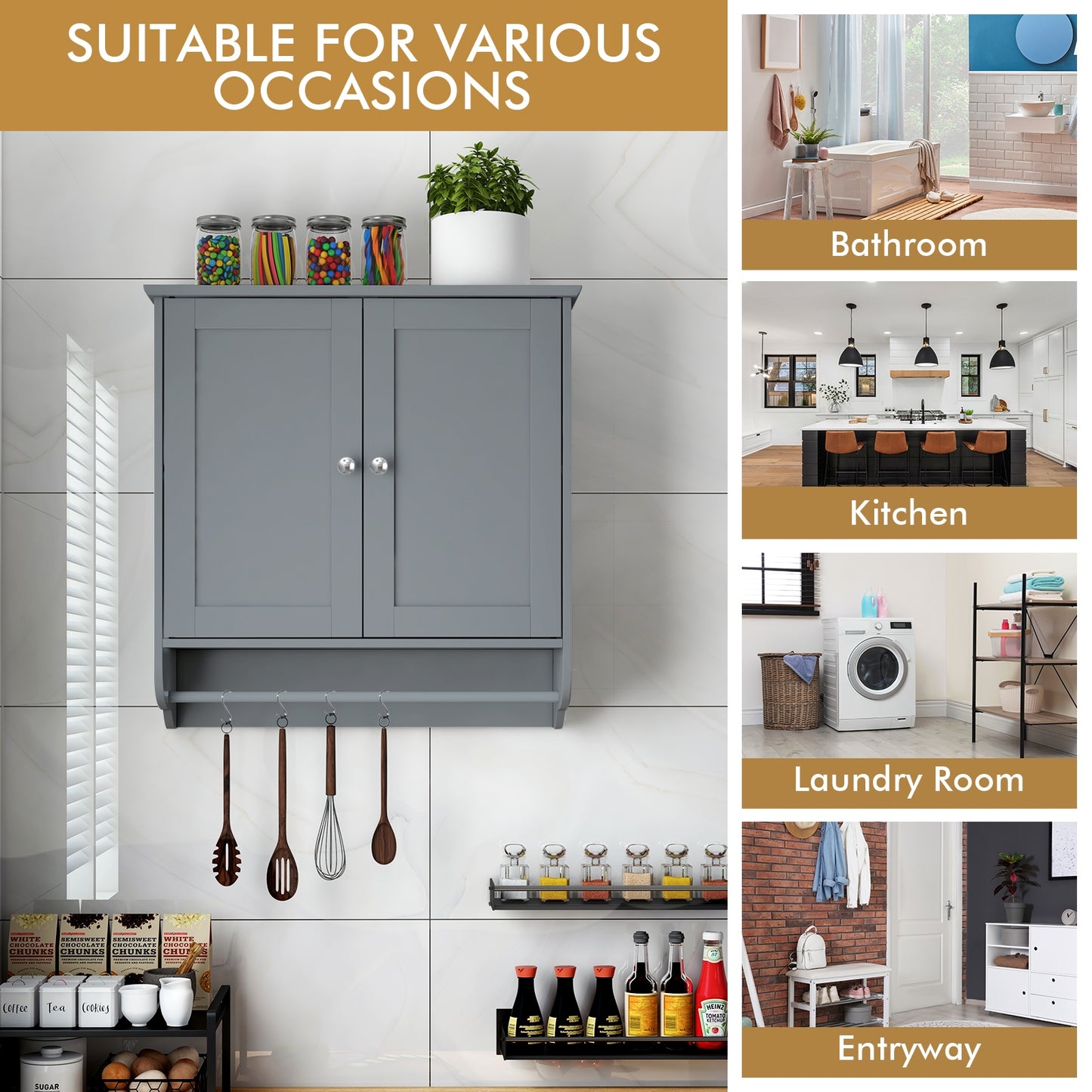 Wall Mounted Bathroom Storage Medicine Cabinet with Towel Bar, Gray Wall Cabinets at Gallery Canada