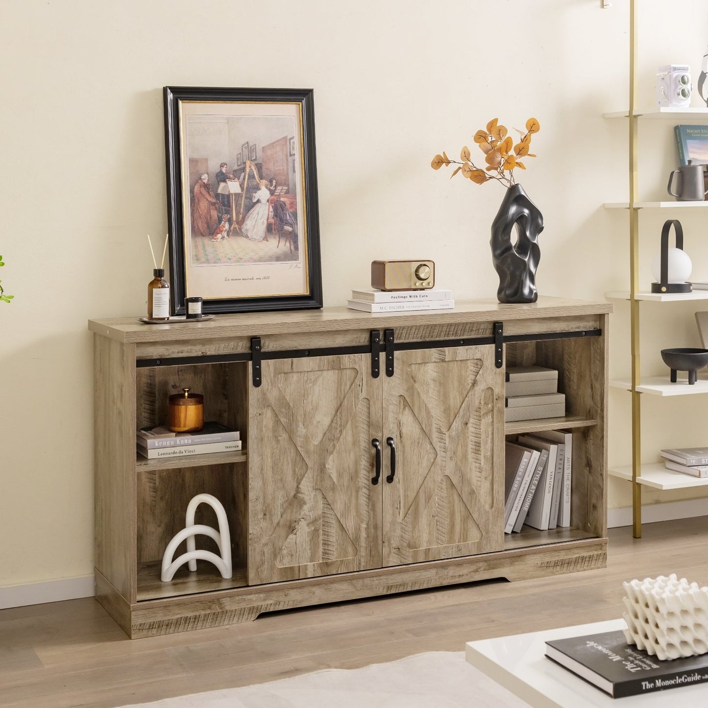 Farmhouse Entertainment Center with Adjustable Shelves and Storage Cabinet, Gray