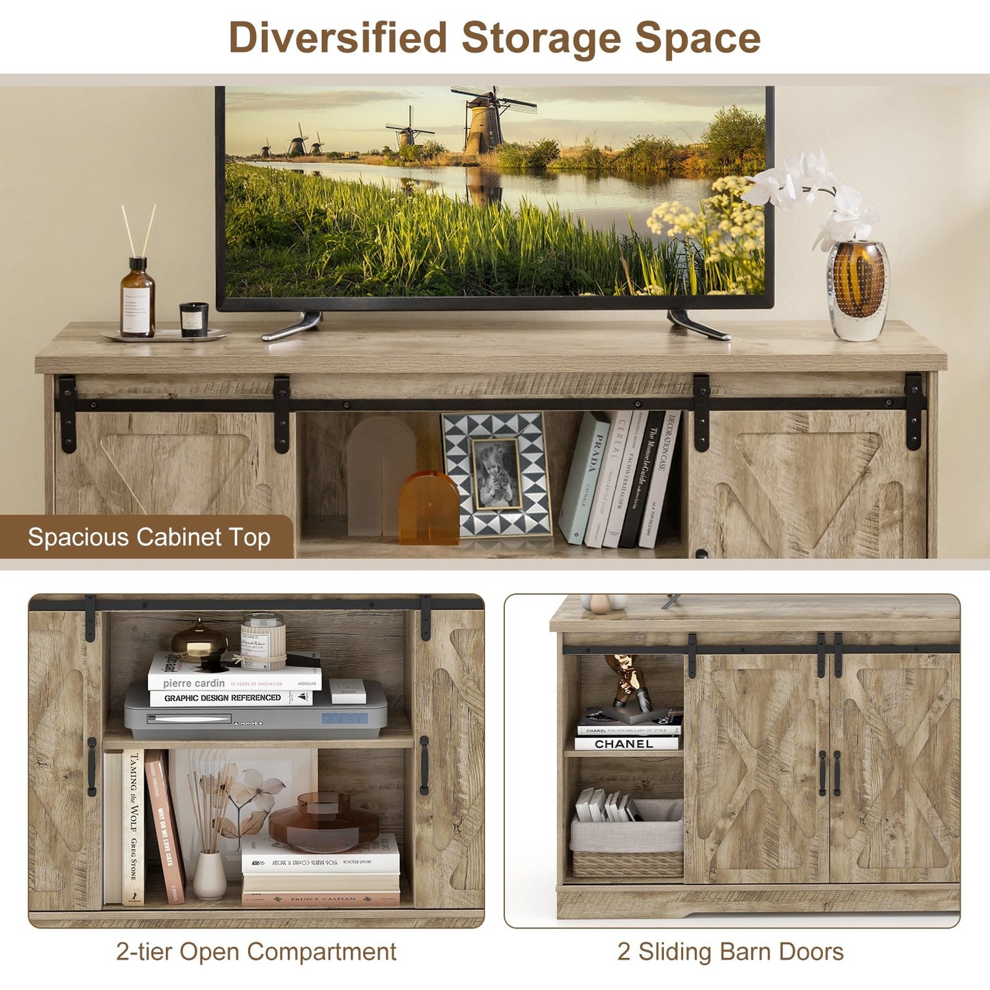 Farmhouse Entertainment Center with Adjustable Shelves and Storage Cabinet, Gray