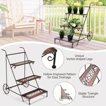 3-Tier Metal Plant Stand with Wheels and Handle for Balcony, Black at Gallery Canada