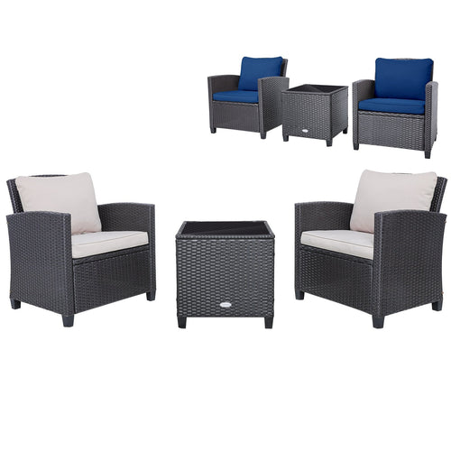3 Pieces Rattan Patio Furniture Set with Washable Cushion, Dark Blue