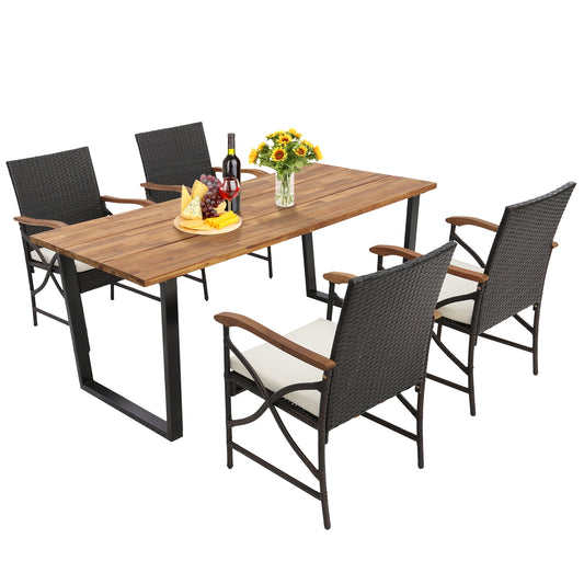 5 Pieces Patio Rattan Dining Set with Acacia Wood Tabletop and Armrests, Multicolor at Gallery Canada