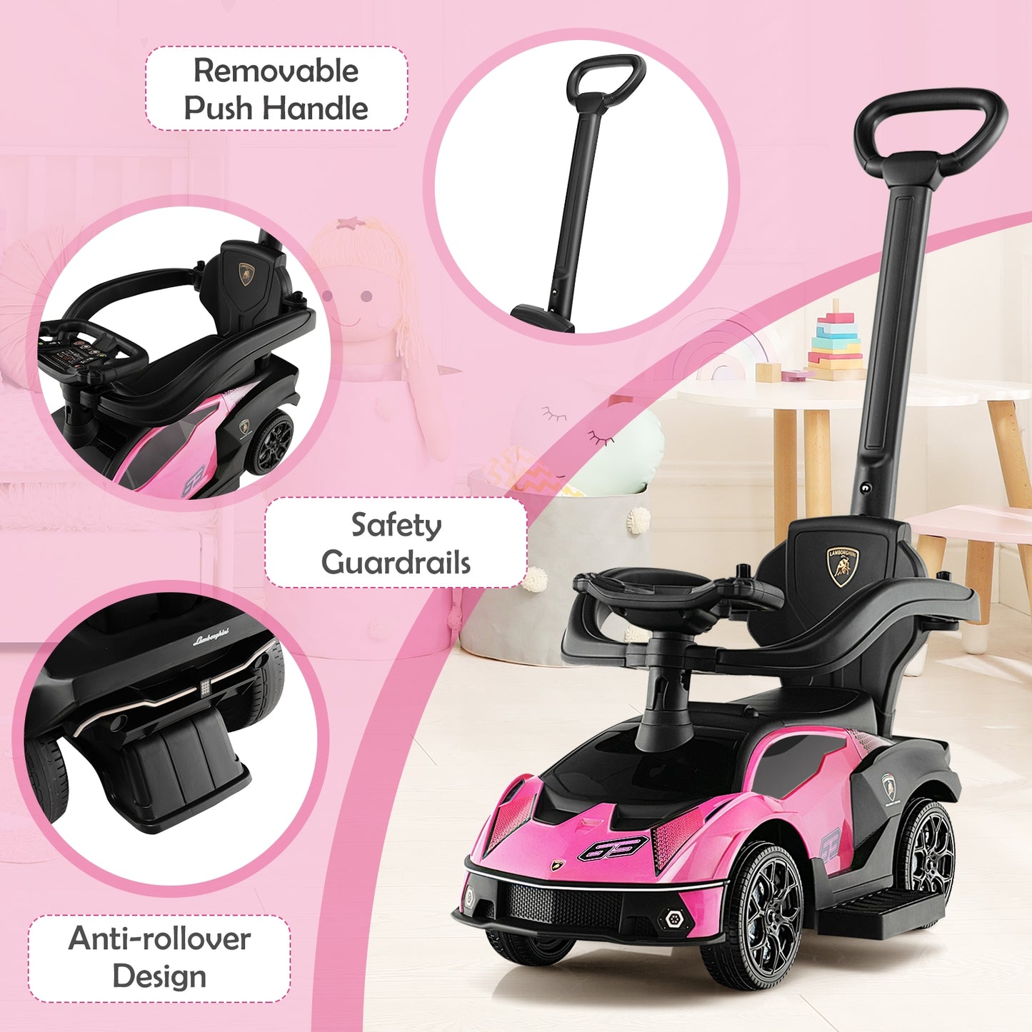 3-In-1 Lamborghini Ride On Push Car, Pink Push & Pedal Ride On Toys at Gallery Canada