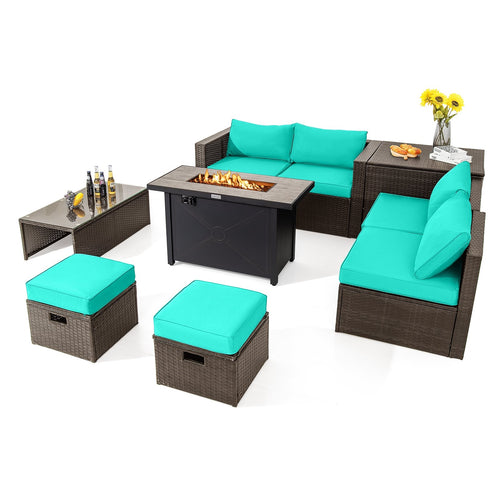 9 Pieces Outdoor Patio Furniture Set with 42 Inch Propane Fire Pit Table, Turquoise
