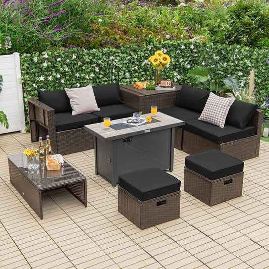 9 Piece Outdoor Patio Furniture Set, 42 Inch Propane Fire Pit Table, Black Patio Conversation Sets Black at Gallery Canada