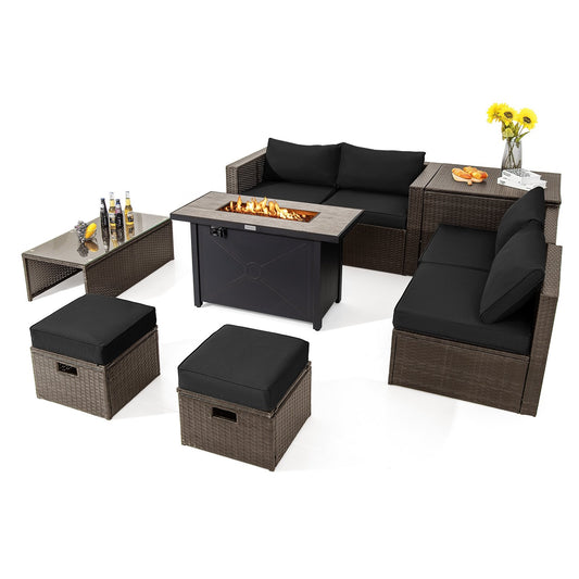 9 Pieces Outdoor Patio Furniture Set with 42 Inch Propane Fire Pit Table, Black