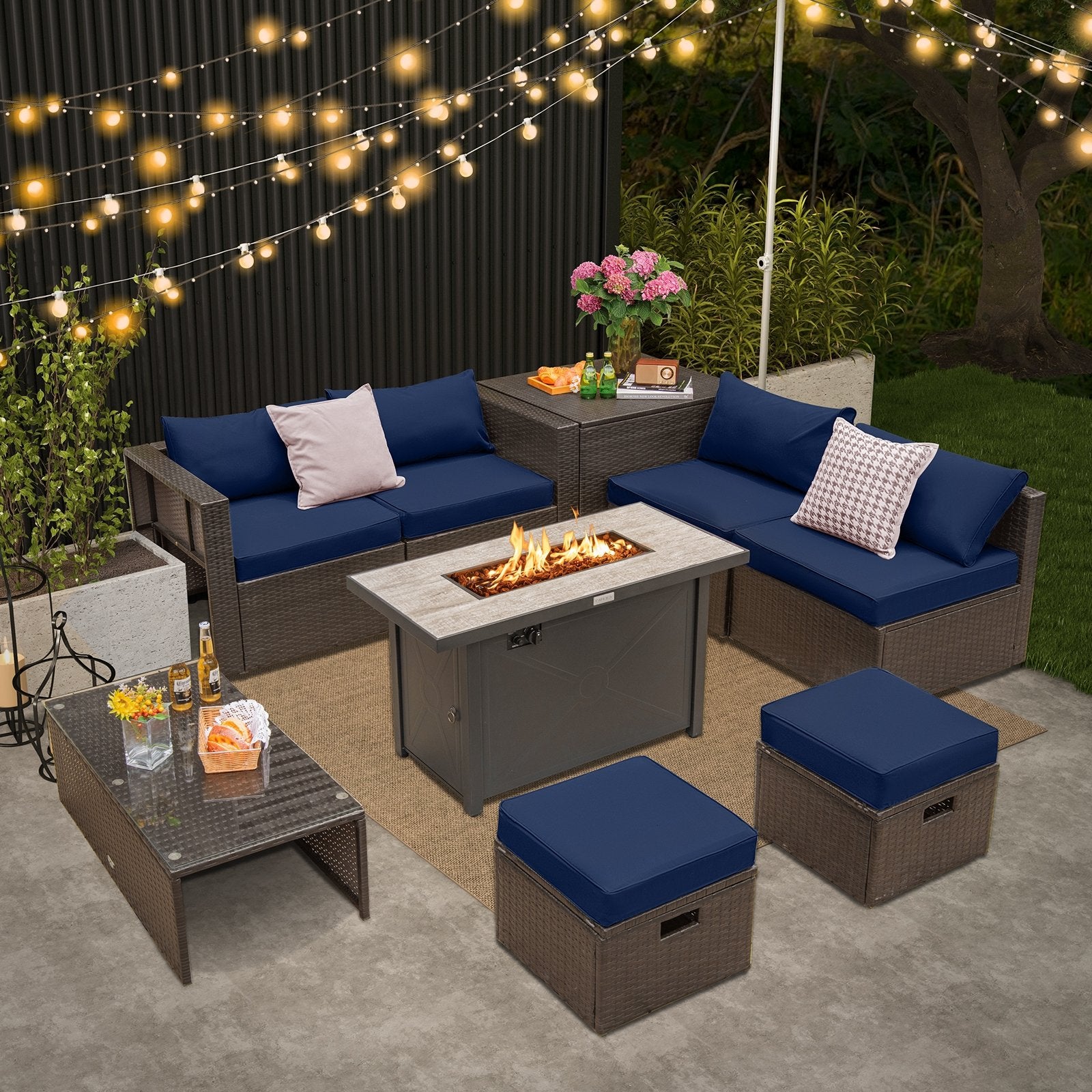 9 Pieces Outdoor Patio Furniture Set with 42 Inch Propane Fire Pit Table, Navy at Gallery Canada