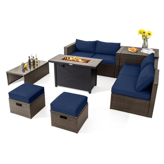 9 Pieces Outdoor Patio Furniture Set with 42 Inch Propane Fire Pit Table, Navy