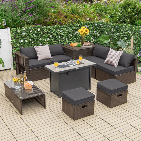 9 Pieces Outdoor Patio Furniture Set with 42 Inch Propane Fire Pit Table, Gray Patio Conversation Sets Gray at Gallery Canada