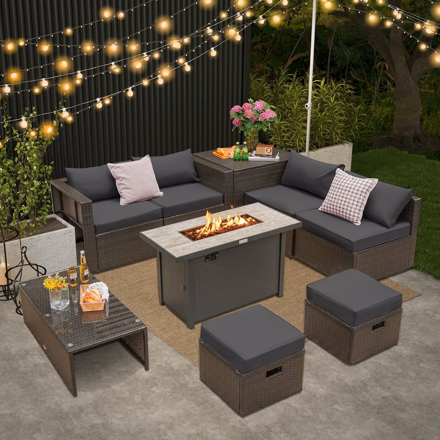 9 Pieces Outdoor Patio Furniture Set with 42 Inch Propane Fire Pit Table, Gray at Gallery Canada