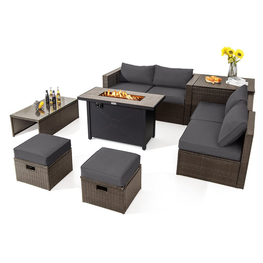 9 Pieces Outdoor Patio Furniture Set with 42 Inch Propane Fire Pit Table, Gray
