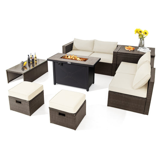 9 Pieces Outdoor Patio Furniture Set with 42 Inch Propane Fire Pit Table, White
