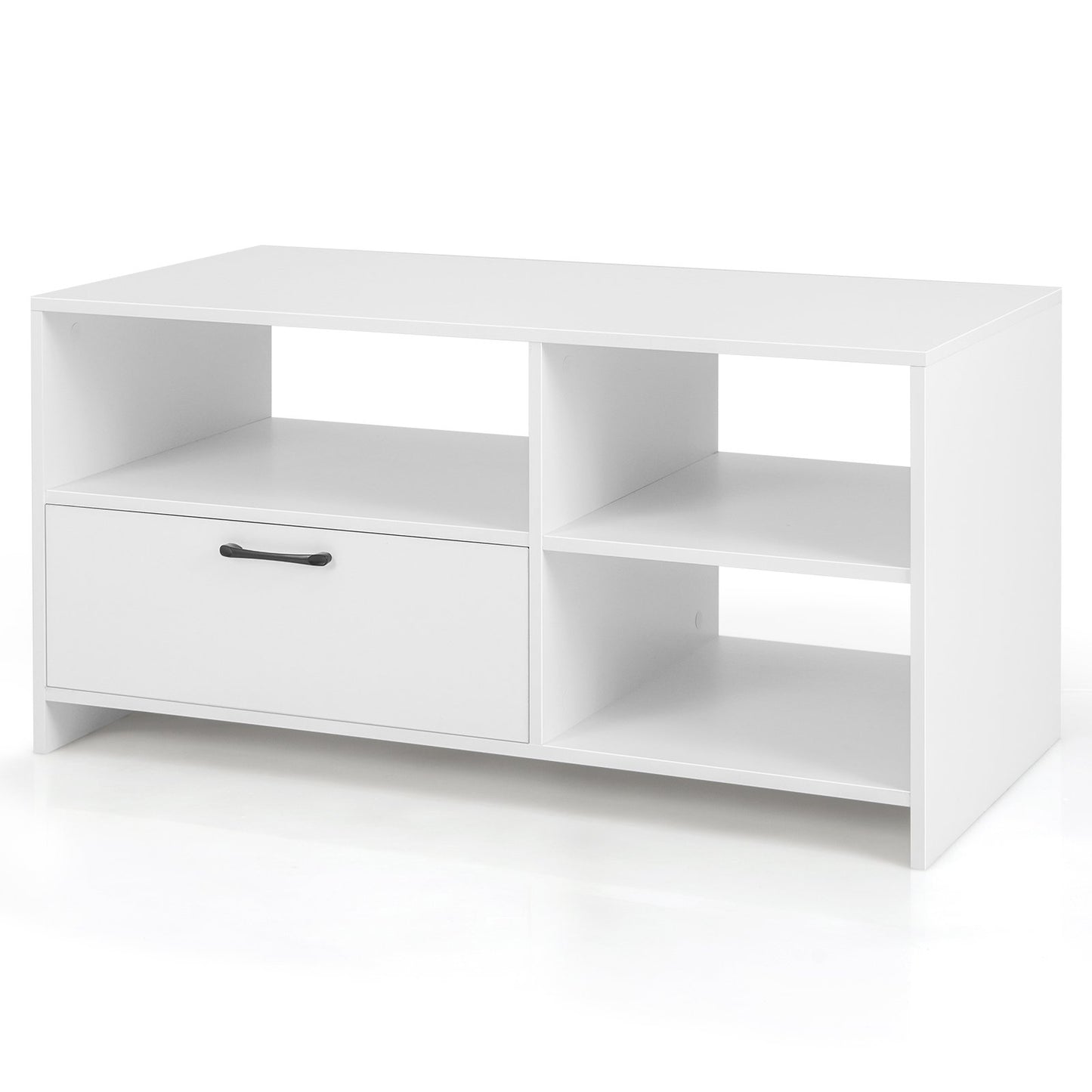 Modern Media Console Table with 3 Open Compartments and 1 Storage Drawer, White