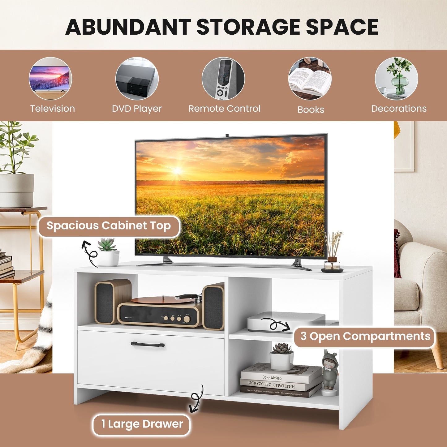 Modern Media Console Table with 3 Open Compartments and 1 Storage Drawer, White Entertainment Centers & TV Stands at Gallery Canada