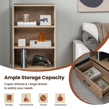4-Tier Storage Bookcase with Open Shelves Drawer and Anti-toppling Device, Natural