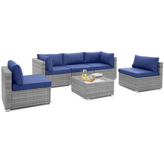 6 Piece Patio Conversation Sofa Set with Tempered Glass Coffee Table, Navy