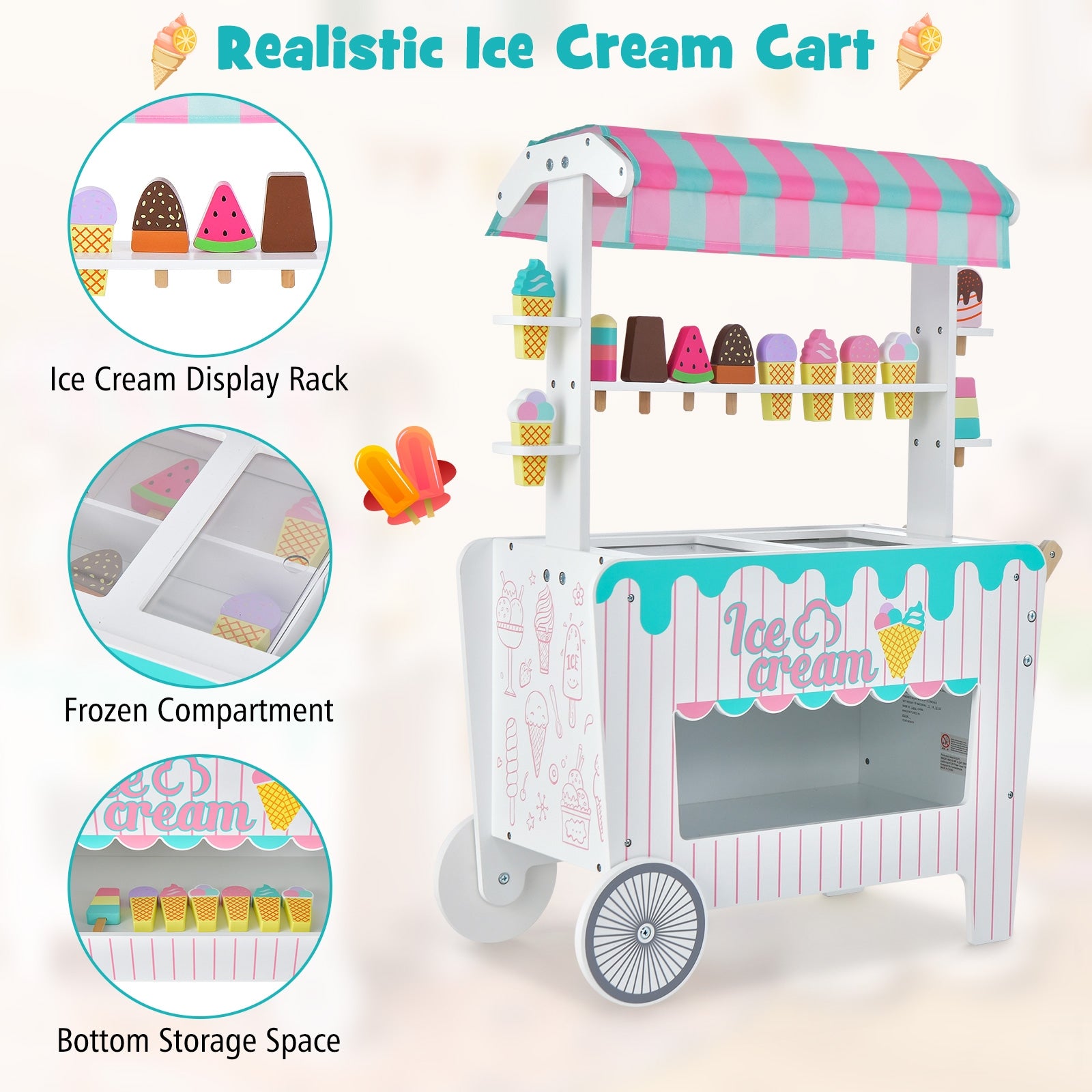 Kids Ice Cream Cart Playset with Display Rack and Accessories, Multicolor Play Kitchen Sets at Gallery Canada