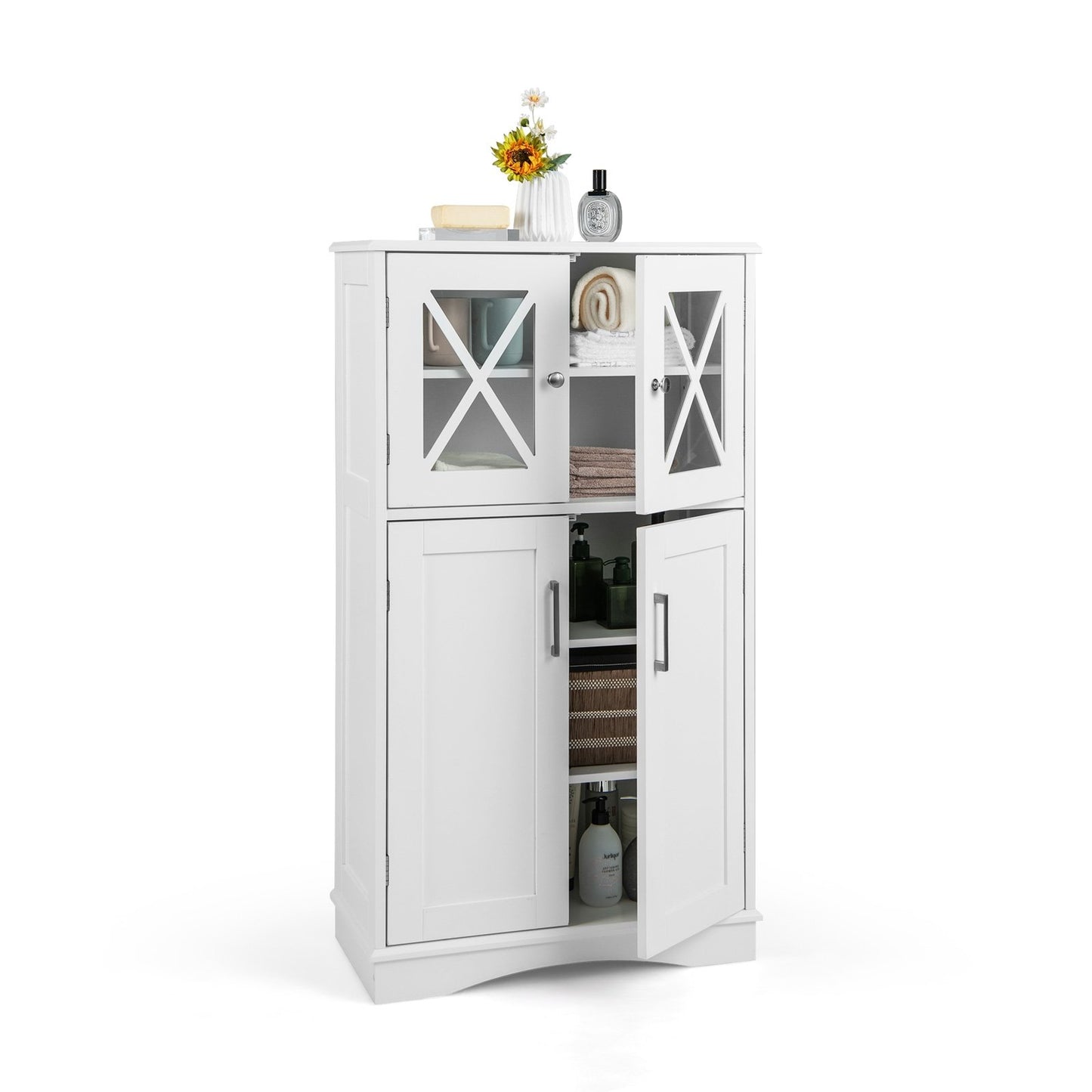 4 Doors Freeestanding Bathroom Floor Cabinet with Adjustable Shelves, White