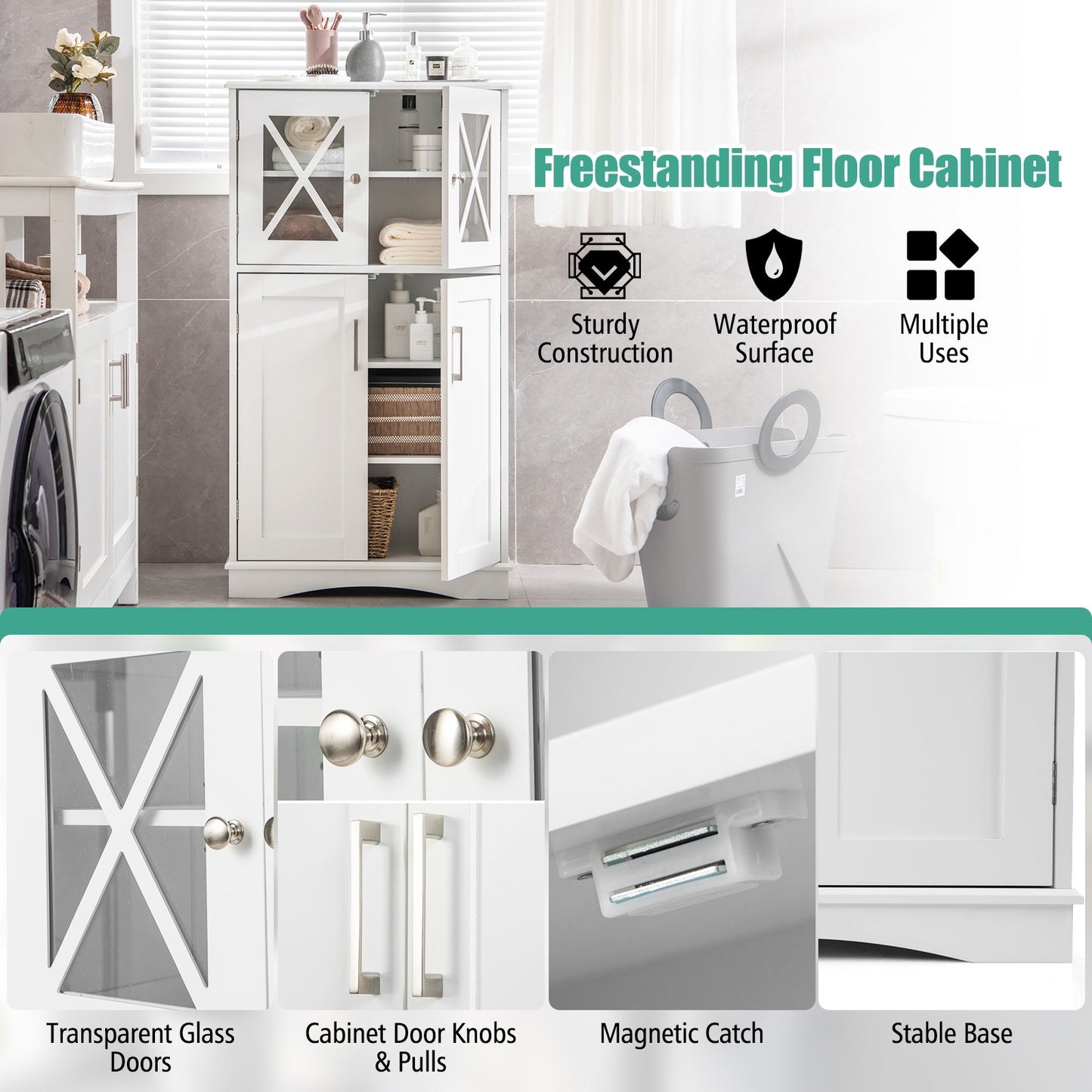 4 Door Freestanding Bathroom Cabinet, Adjustable Shelves, White Floor Cabinets at Gallery Canada