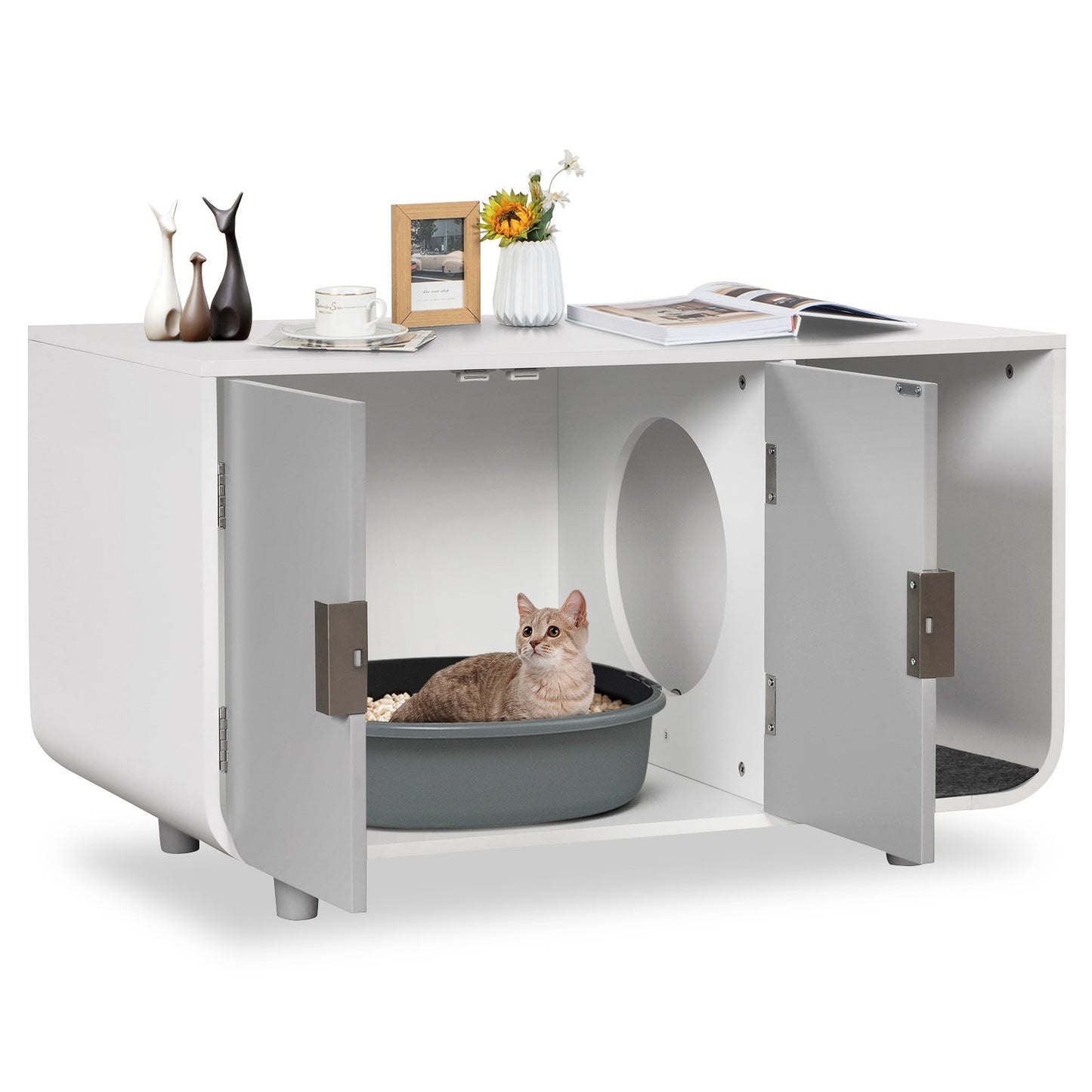 Cat Litter Box Enclosure Furniture with Removable Mat, Gray