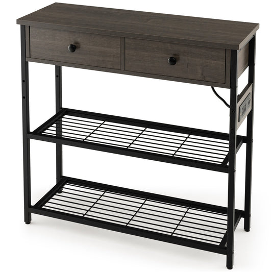 Narrow Console Table with 2 Drawers and 2 Metal Mesh Shelves, Gray