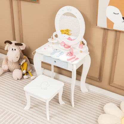 Kids 2-in-1 Princess Makeup Table and Chair Set with Removable Mirror, White