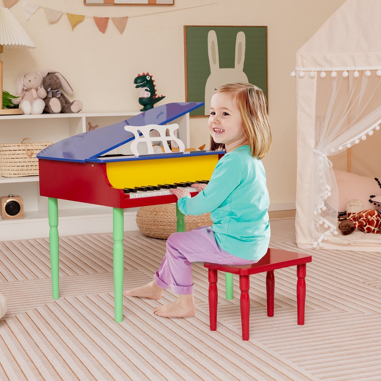 30-Key Wood Toy Kids Grand Piano with Bench and Music Rack, Multicolor