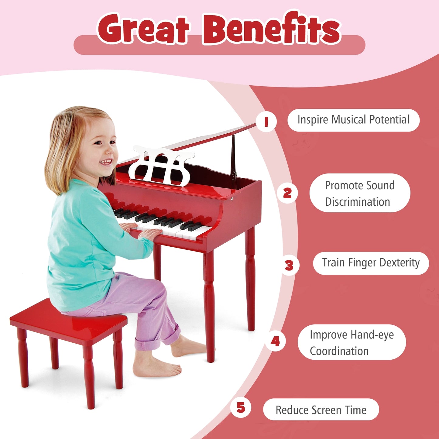30-Key Wood Toy Kids Grand Piano with Bench and Music Rack, Red Pianos & Keyboards at Gallery Canada