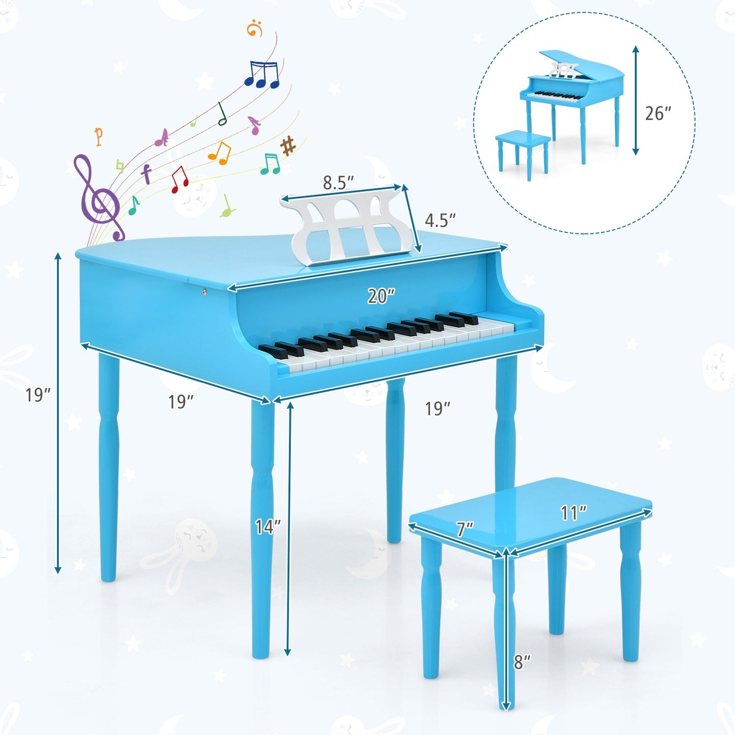 30-Key Wood Toy Kids Grand Piano with Bench and Music Rack, Blue