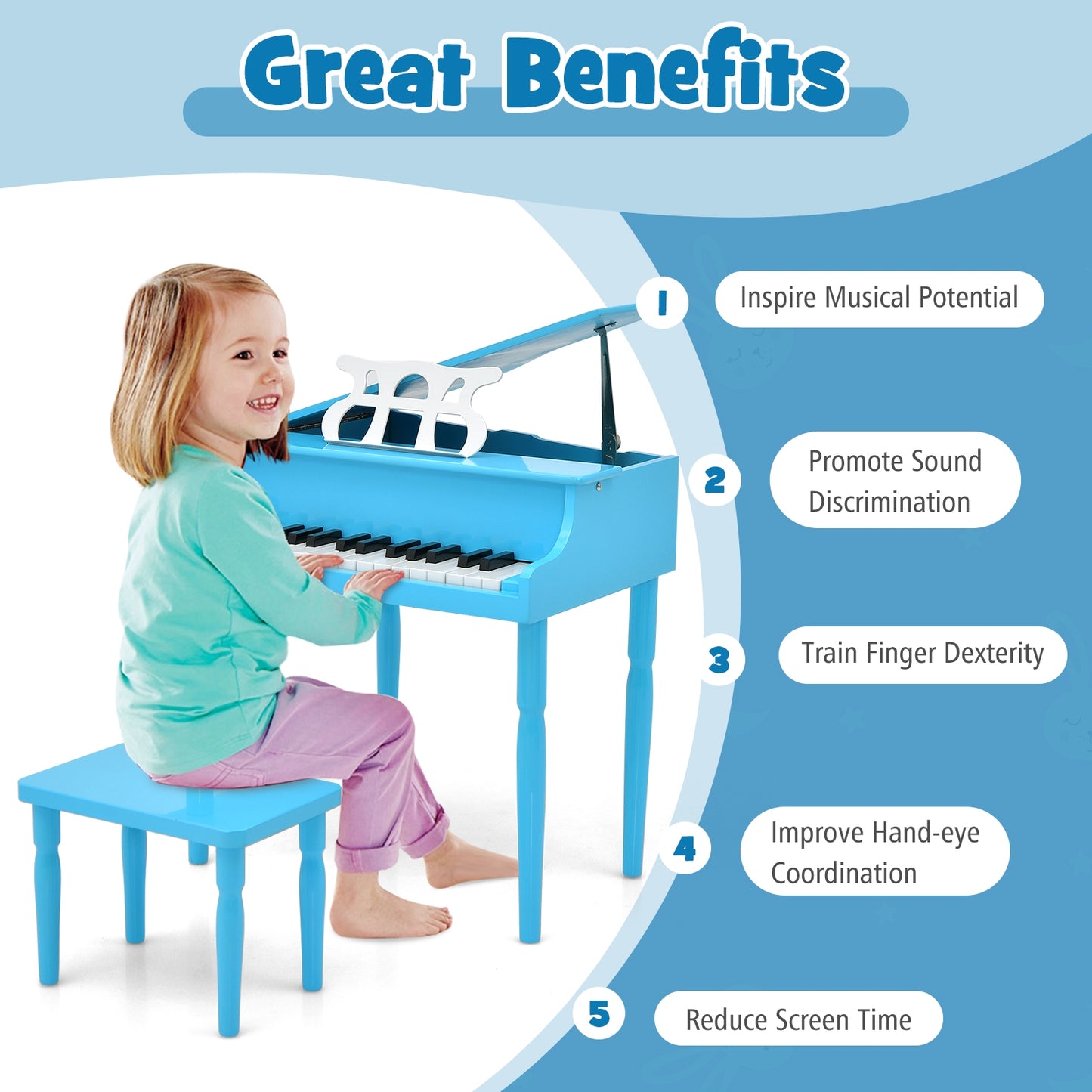 30-Key Wood Toy Kids Grand Piano with Bench and Music Rack, Blue Pianos & Keyboards at Gallery Canada