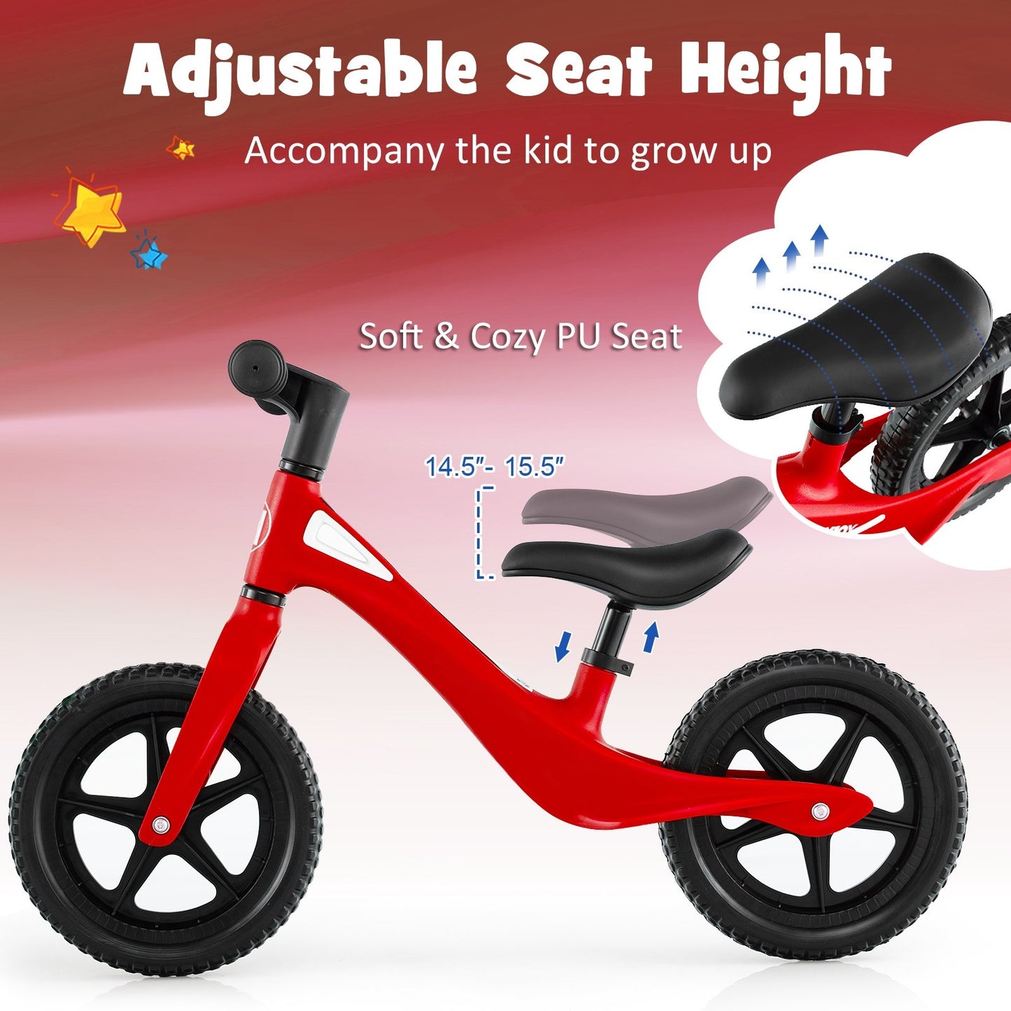 Kids Balance Bike with Rotatable Handlebar and Adjustable Seat Height, Red