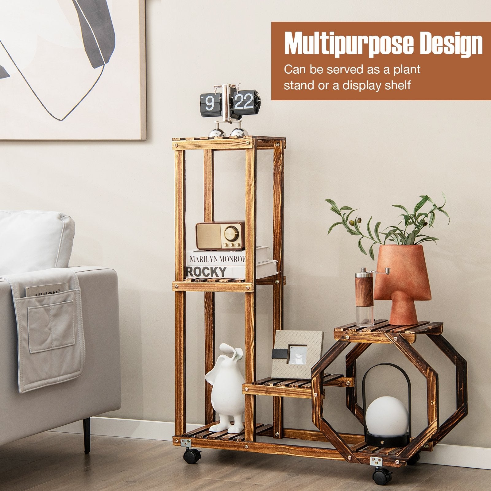 6-Tier Wooden Plant Stand with Wheels, Brown at Gallery Canada