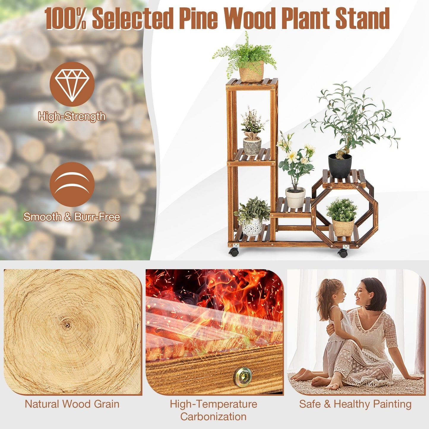 6-Tier Wooden Plant Stand with Wheels, Brown at Gallery Canada