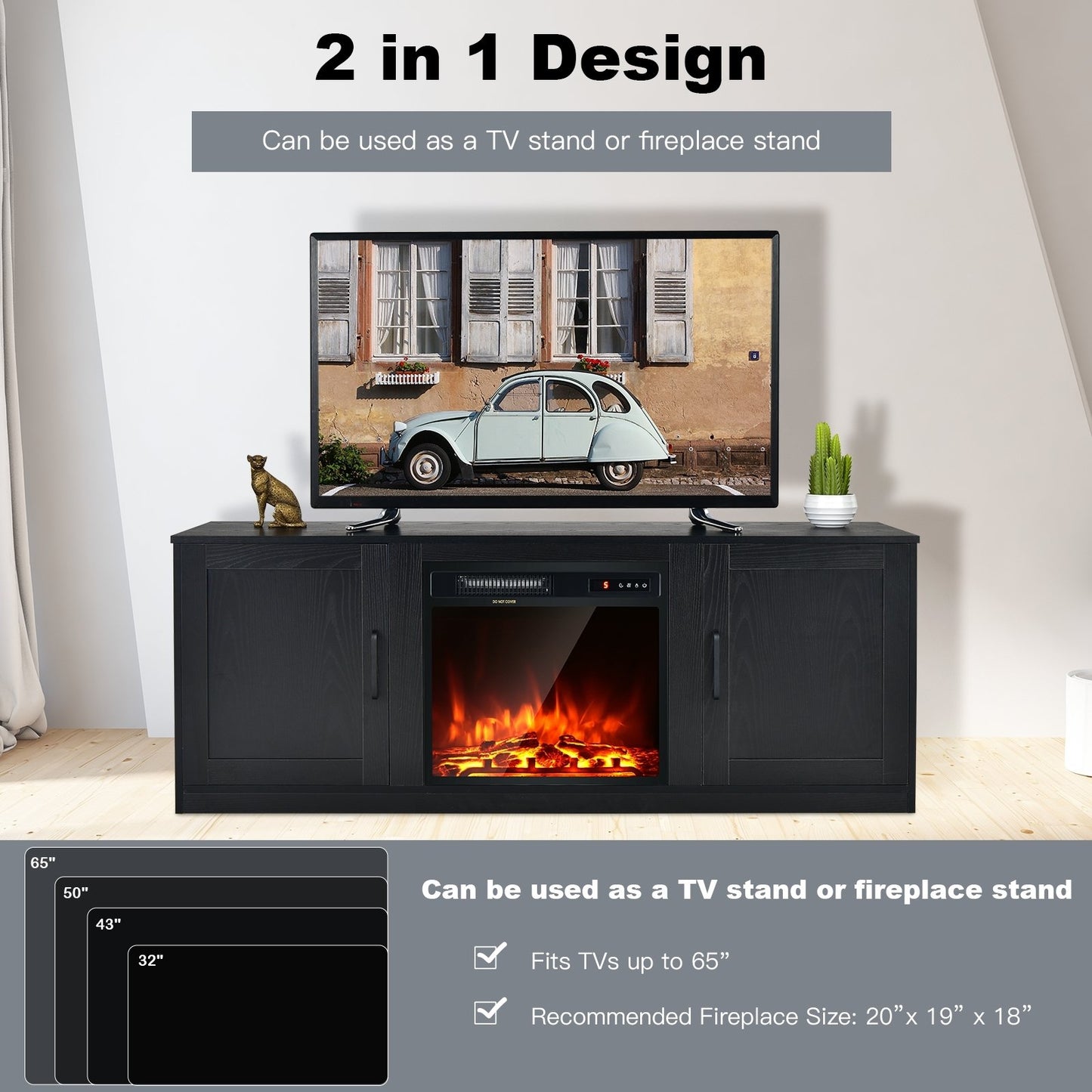 58 Inch TV Stand with 1500W Faux Fireplace for TVs up to 65 Inch, Black