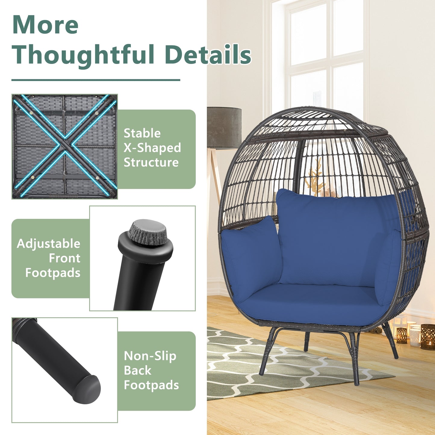 Oversized Patio Rattan Egg Lounge Chair, 4 Cushions, Navy Outdoor Chaise Lounges at Gallery Canada