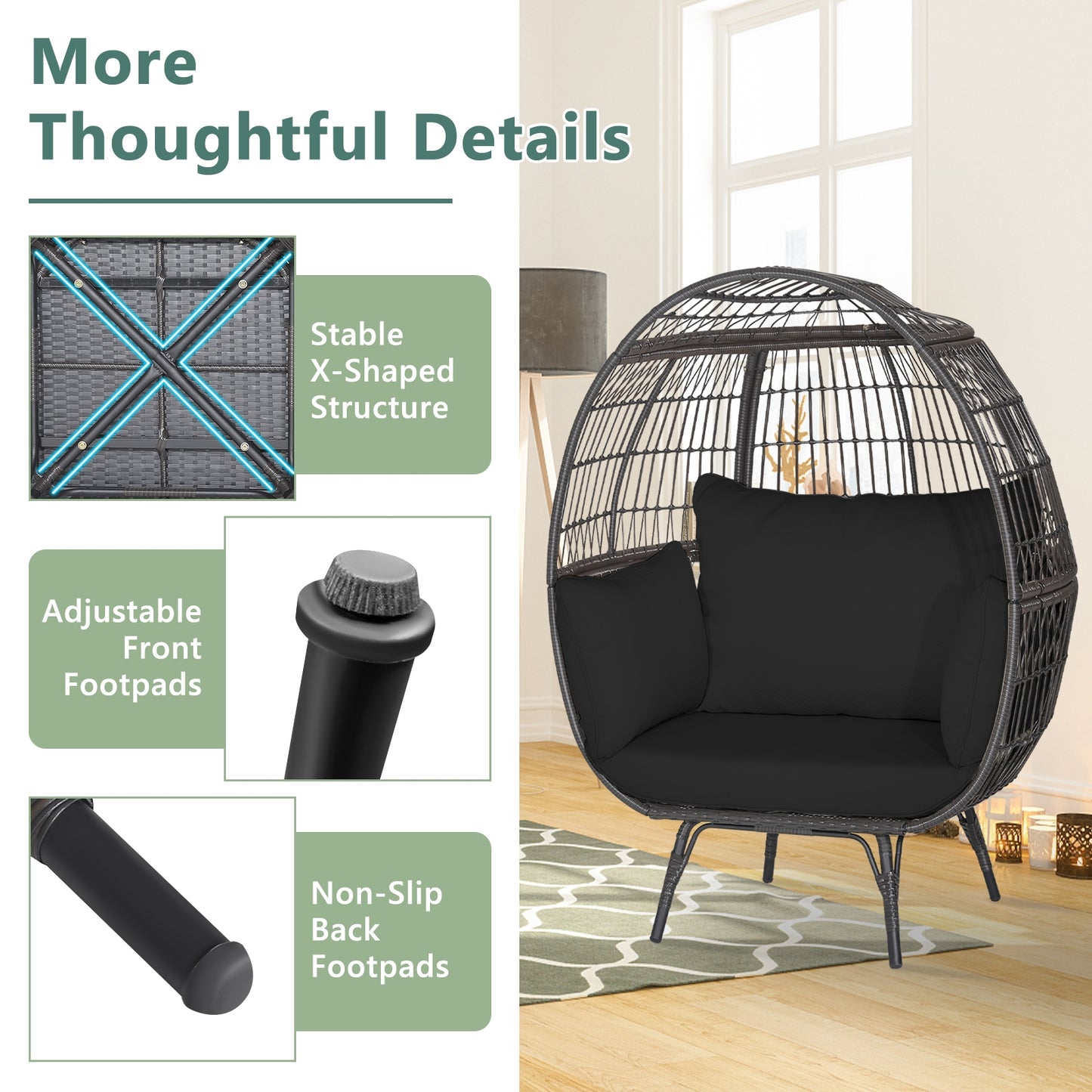 Oversized Wicker Egg Chair, Sturdy Metal Frame, Black Outdoor Chaise Lounges at Gallery Canada