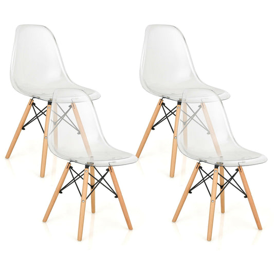 Set of 4 Dining Chairs Modern Plastic Shell Side Chair with Clear Seat and Wood Legs, Transparent