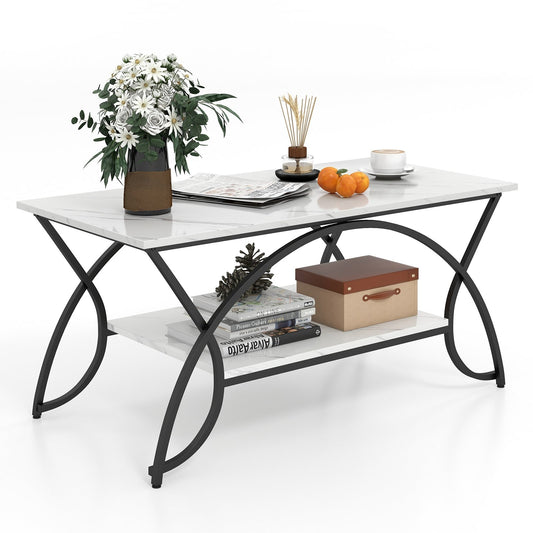 2-Tier Faux Marble Coffee Table with Marble Top and Metal Frame, Black & White