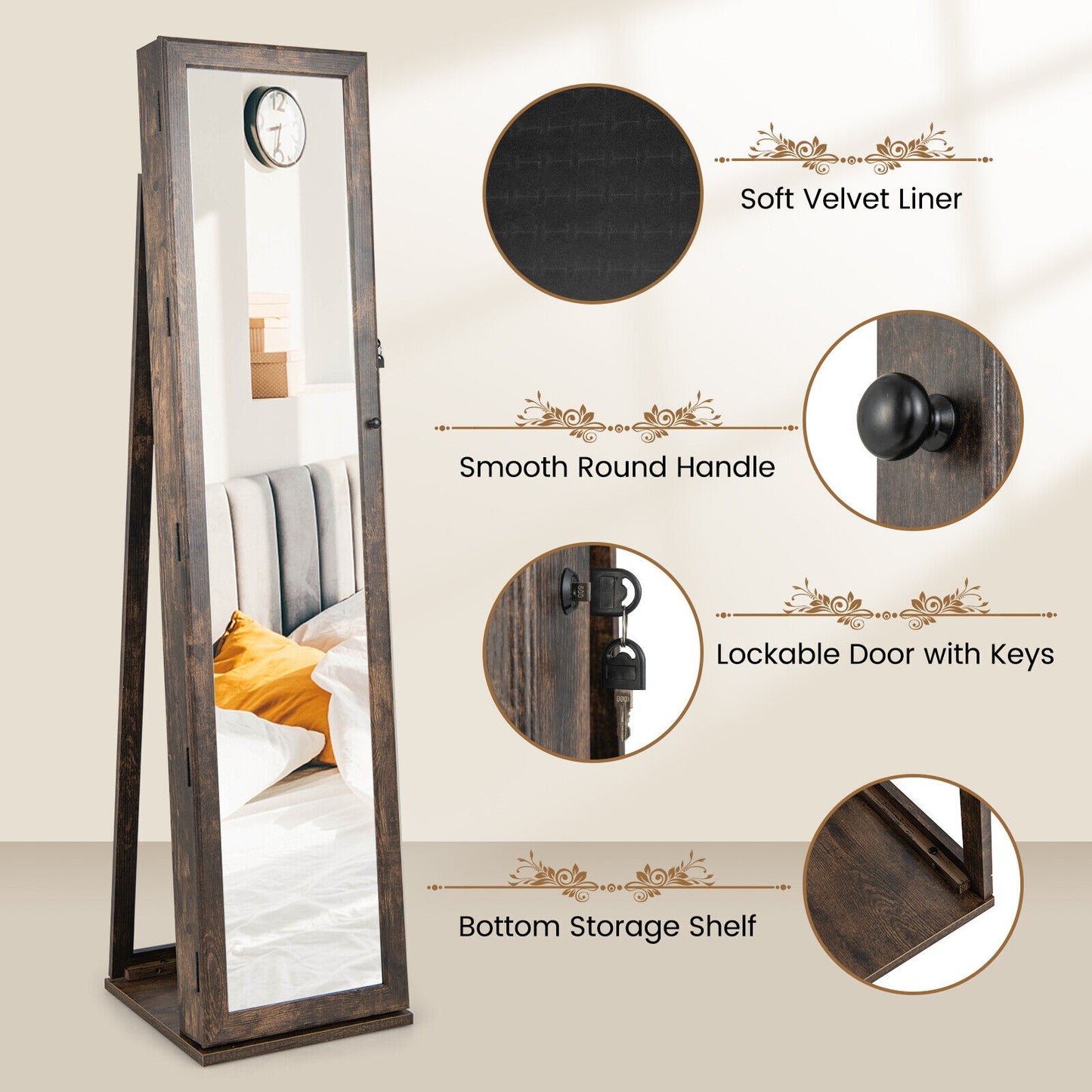 Lockable Jewelry Storage Organizer With Full-Length Mirror, Brown Jewelry Armoires at Gallery Canada