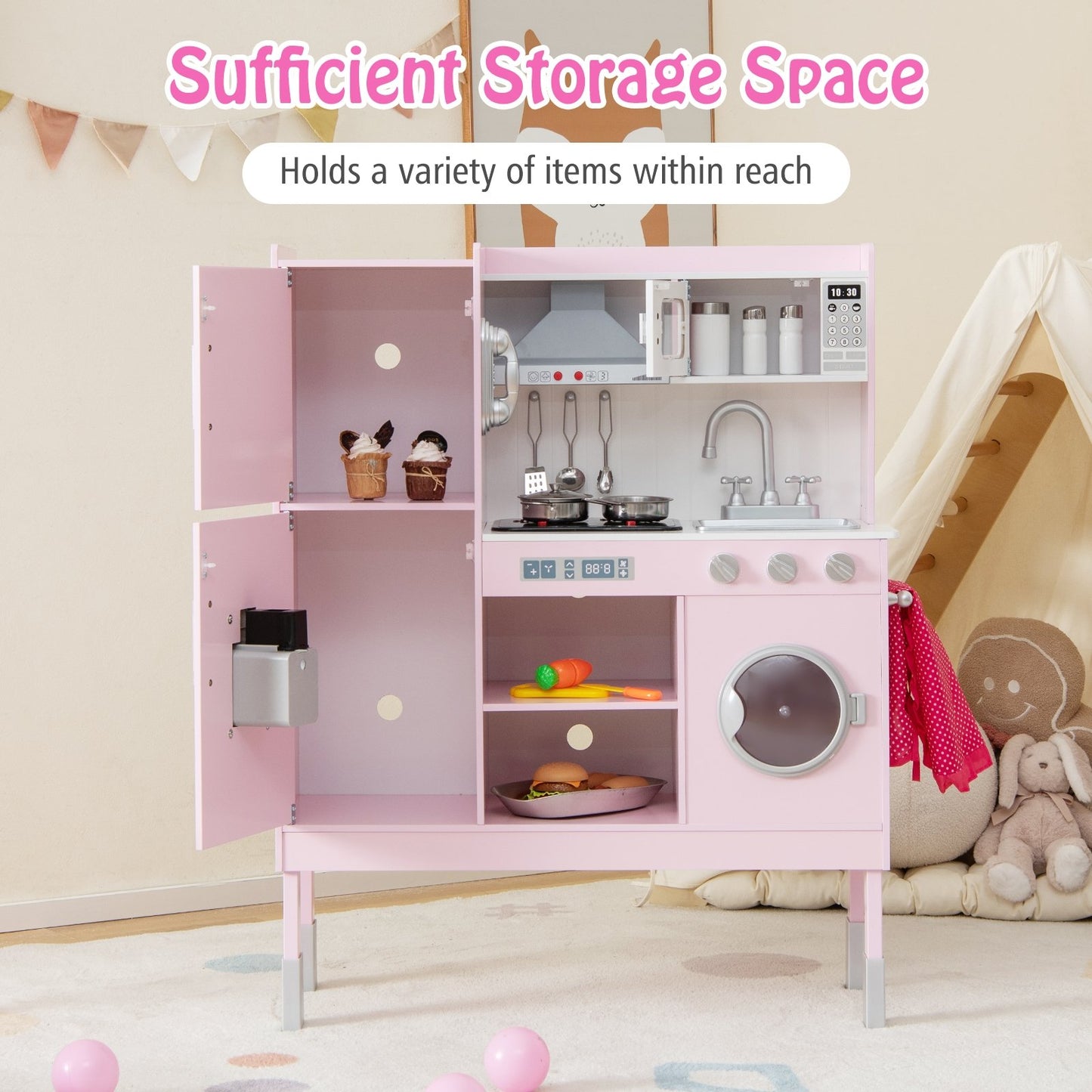 Pretend Play Kitchen for Kids with 16 Pieces Accessories, Pink at Gallery Canada